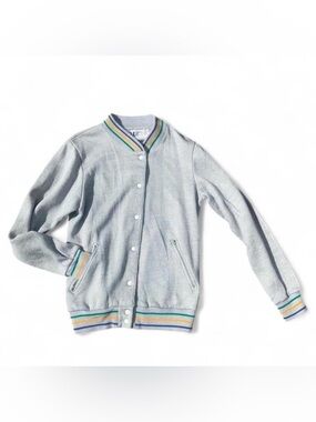 Preppy Vintage Varsity Jacket Heather Gray with Green, Yellow, and Blue Stripes